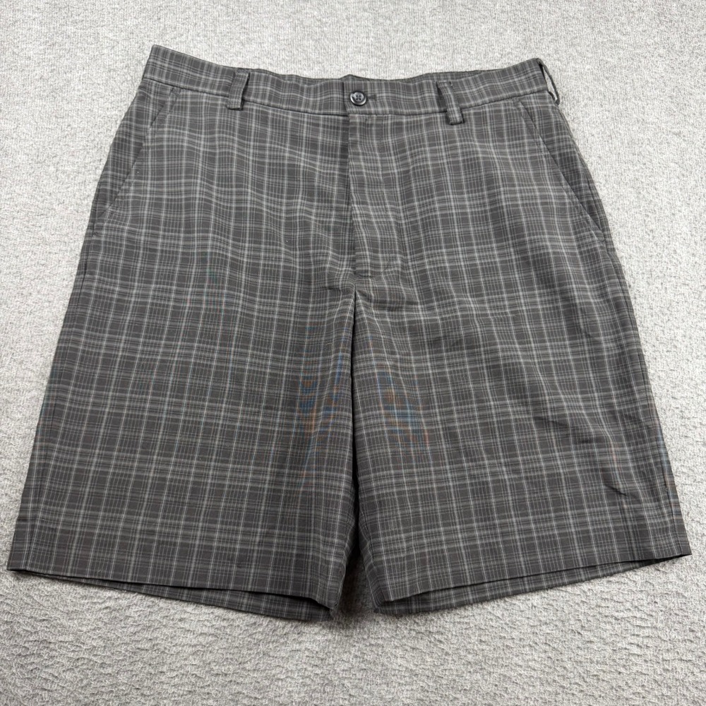 IZOD Men's Golf Shorts Size 34 Gray Black Plaid Performance Polyester Flat Front